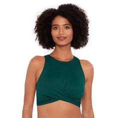 Stay ready for a stylish day at the pool or beach with this Women's Eco Beach Criss Cross Highneck Hook Back Bikini Top.Click on this WOMEN'S GUIDE to find the perfect fit and more! FEATURES High crew neckline Removable cups Wireless Hook back closureFABRIC & CARE 90% recycled polyester, 10% spandex Lining: 50% recycled polyester, 50% polyester Hand wash and line dry ImportedSUSTAINABILITY FEATURES Contains recycled materials Size: Medium. Color: Forest Green. Gender: female. Age Group: adult. Green Vacation Top With Built-in Bra, Vacation Tankini With Bra Friendly Stretch, Vacation Stretch Tankini Bra Friendly, Bra Friendly Sleeveless Tops For Sunbathing, Stretch Tankini With Bra Friendly Design For Vacation, Sleeveless Bra Friendly Tops For Sunbathing, Sleeveless Bra-friendly Tankini For Beach Season, Sleeveless Bra-friendly Tops For Sunbathing, Green Beachwear Halter Top