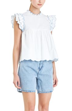 Scalloped ruffles with embroidered edges sweeten a flouncy cotton top framed by triple-layer cap sleeves. Back keyhole with button-and-loop closure Ruffled jewel neck Cap sleeves Lined 100% cotton Hand wash, dry flat Imported White Tops With Scalloped Edges For Spring, Summer Tops With Scalloped Edges For Daywear, Feminine Cotton Tops With Scalloped Edges, Cotton Short Sleeve Tops With Scalloped Edges, Short Sleeve Cotton Tops With Scalloped Edges, Cotton Tops With Scalloped Edges And Short Sleeves, Summer Cotton Tops With Scalloped Edges, White Short Sleeve Tops With Scalloped Edges, White Tops With Scalloped Edges And Short Sleeves