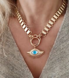 45 cm. Blue Metal Necklace With Evil Eye, Evil Eye Metal Necklace With Round Shape, Metal Evil Eye Necklace With Round Shape, Evil Eye Round Metal Necklace, Gold Chain Necklace With Evil Eye As Gift, Gold Chain Necklace With Evil Eye For Gift, Blue Evil Eye Metal Necklace, Blue Metal Evil Eye Necklace, Spiritual Metal Chain Necklace For Gift