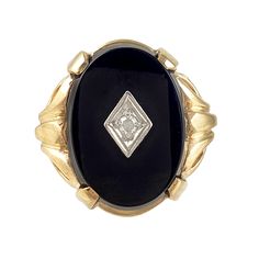 Timeless elegance! This 10K yellow gold ring features a black onyx oval with center diamond in a white gold diamond shape. The four prong setting has a decorative interlaced ribbon design leading to a straight shank. It's a beautiful vintage piece in wonderful condition. Vintage: 1960s Size: 6 3/4 Materials: 10K Yellow and White Gold, Black Onyx, Diamond Marked: 10K Black Onyx: approx. 15.75mm x 12mm oval Diamond: round single cut, 2mm, approx. .03 ct, I-1 clarity Width North to South: 11/16" Wi Elegant Black Oval Ring, Black Oval Diamond Ring For Anniversary, Elegant Black Rings For Formal Occasions, Classic Black Diamond Ring With Black Enamel, Formal Black Diamond Ring With Diamond Accents, Classic Black Onyx Diamond Ring, Black Oval Center Stone Jewelry, Black Oval Jewelry With Center Stone, Elegant Black Signet Ring For Formal Occasions