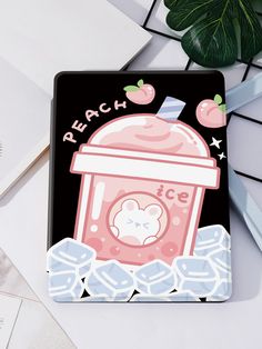 a coaster with an ice cream drink on it and the words peach written in pink