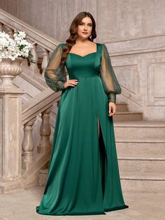 Plus Size Women's Elegant Romantic Dark Green Satin Patchwork Rhinestone Mesh Transparent Sweetheart Neck Long Sleeve High Slit A-Line Maxi Dress For Wedding Party Formal Bridesmaid Gown Dark Green   Long Sleeve Woven Fabric Plain A Line Non-Stretch  Weddings & Events, size features are:Bust: ,Length: ,Sleeve Length: Off Shoulder Bridesmaid Dress, Diamond Collar, A Line Maxi Dress, Cocktail Dress Formal, Plus Size Prom, Maxi Dress Wedding, Bridesmaid Gown, Mesh Long Sleeve, Green Satin