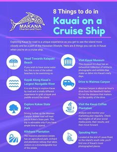 an advertisement with the words 8 things to do in kauai on a cruise ship