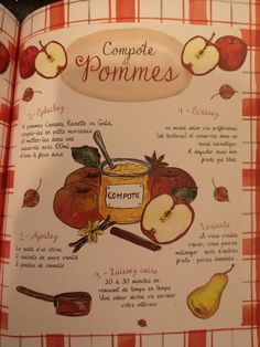 a recipe book with apples, cinnamons and other food items on the pages in french