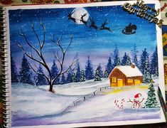 a christmas scene with santa's sleigh flying over the snow covered field