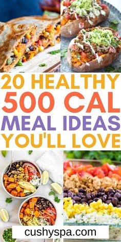 healthy meal ideas that are easy to make and delicious for the whole family with text overlay reading 20 healthy 500 cal meal ideas you'll love