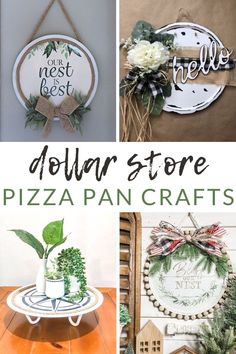 dollar store pizza pan crafts with text overlay