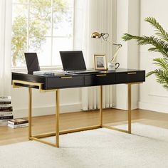 a black desk with two laptops on it and a potted plant in the corner