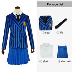 a blue and black striped suit with white shirt, tie, skirt and collared shirt