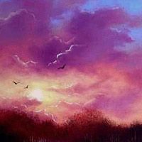 a painting of a sunset with birds flying in the sky