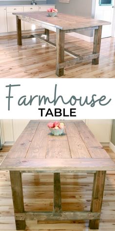 a table made out of pallet wood with text overlay that says farmhouse table