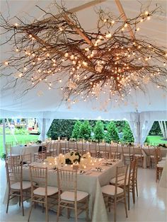 creative and fun ceiling decorations for tent weddings Modern Wedding Ceiling Installation, Twig Ceiling Tree Branches, Hanging Branch Installation, Hanging Tent Decor, Branch Ceiling Decoration, Wedding Lights Decorations, Wedding Hall Ceiling Design, Light Ceiling Wedding