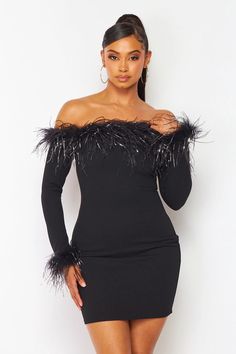 "Be the life of the party with this playful Off Shoulder Mini Dress. Its metallic feather trim adds a touch of whimsy, while the off shoulder style keeps you cool and comfortable. Perfect for dancing the night away, this dress will turn heads and make a statement!" Off-shoulder Mini Dress For Costume Party, One Shoulder Off Shoulder Dress For Fall Party, Flirty Feathered Cocktail Dress, Flirty Feather Trim Dress For Night Out, Off-shoulder Mini Dress For Fall Parties, Elegant Off-shoulder Dress For Fall Party, Feather Trim Dress For Night Out And Party Season, Feather Trim Mini Dress For Party Season, Party Season Dress With Feather Trim For Night Out