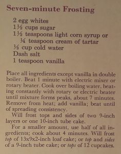 the recipe for seven - minute frosting is shown in an old style manual book