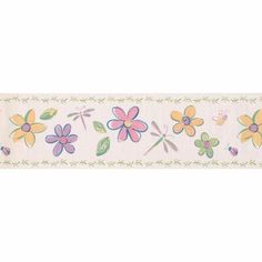 a wallpaper border with flowers and dragonflies on the side, in pastel colors