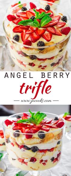 an angel berry trifle with berries and mint on top