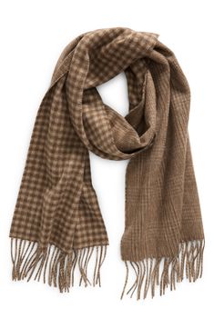 Warm your look with the refined checks and sumptuous Italian cashmere of this scarf finished with fringed ends that add a jaunty touch to the luxurious style. 13" x 74" 100% cashmere Dry clean Made in Italy Fabric Gift Bags, Nordstrom Store, Fabric Gifts, Cashmere Scarf, Free Fabric, Gingham, Checks, Top Brands, Cashmere