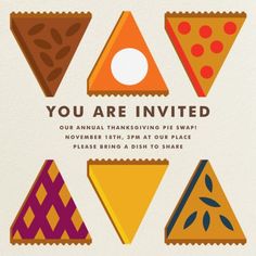 an image of a birthday party card with different types of pies and pizza slices