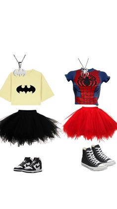 three different types of clothes with shoes on the bottom and one wearing a batman t - shirt