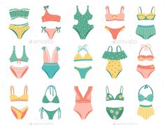 an assortment of swimsuits are shown in different colors and shapes, including bras