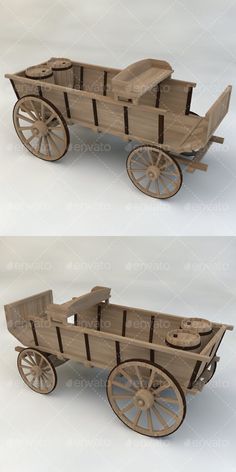 an old wooden wagon is shown in three different views, including the front and back