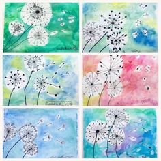 four different paintings with dandelions on them