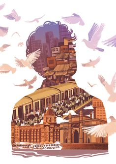 an image of a man's head with birds flying around him and buildings in the background