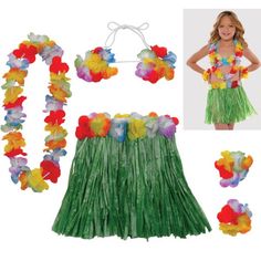 hawaiian hula skirt and leis with flowers on the bottom, in various colors