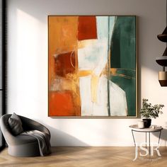 an abstract painting hangs on the wall above a chair