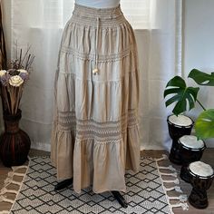 Available In Beige. 36 1/2 Inches Long Waist 28 Inches & It Stretches Up To 44 Inches In The Waist. Dark Beige, Long Skirt, Womens Skirt, Personal Style, Women Shopping, Clothes