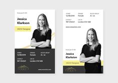 two business card templates with an image of a woman in black and yellow colors