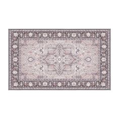 a large rug with an ornate design on the front and back sides, in grey tones