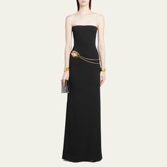 TOM FORD stretch sable strapless evening dress features a gold-tone front cutout with chain detailing Sleeveless Full length  Column silhouette  Concealed back zip  Viscose/elastane/nylon/polyamide Made in Italy Luxury Strapless Dress For Gala, Gold Evening Dress With Chain Strap, Gold Chain Strap Evening Dress, Gold Chain Strap Dress For Evening, Gold Dresses With Chain Strap For Evening, Gold Strapless Dress For Evening, Luxury Gold Strapless Dress, Strapless Evening Dress For Dinner, Elegant Gold Dress With Chain Strap