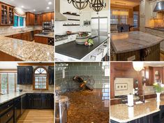 four different pictures of kitchen with granite counter tops and wooden cabinets, including an island