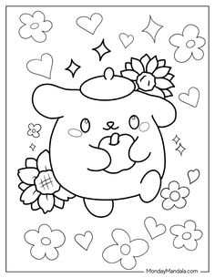 a cartoon bear with flowers and hearts in the background