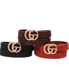 A simple twist on a classic Gucci style belt for women. Same look and feel, but without the hefty price tag. What's more, our belts come in a 3 pack so you'll always have the right color! They feature a gorgeous faux leather strap and a double o-ring buckle! 3 Pack Belt Options: Brown Multi = 1 White belt, 1 Brown Belt, 1 Black Belt Snake Multi = 1 White Snake Pattern Belt, 1 Grey Snake Pattern Belt, 1 Black Snake Pattern Belt Tan Cheetah = 1 Black solid belt, 1 Rust solid belt, 1 Tan cheetah pr Gg Belt, Gucci Style, White Snake, Snake Pattern, Brown Texture, Belt For Women, Snake Patterns, Black Snake, White Belt