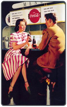 a man and woman sitting at a bar talking to each other, with a coca - cola sign in the background