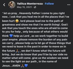 a text message that reads, valita monteroz follow let us pray heavenly father come to you right now