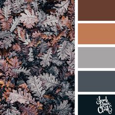 the color palette is brown, black and white with leaves on it in different shades