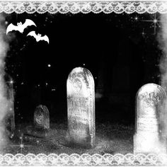 two tombstones with bats flying over them