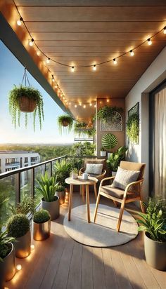 an outdoor balcony with potted plants and lights on the ceiling is lit up by string lights