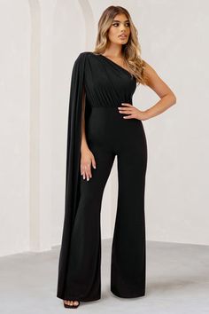 Jumpsuits & Playsuits Bodycon & Occasion Jumpsuits – Club L London - UK One Shoulder Cape, Black Aurora, Shoulder Cape, Bottomless Brunch, Cape Sleeves