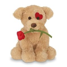 a teddy bear with a red heart on its nose holding a flower in it's mouth