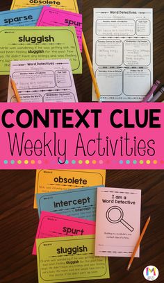 the text on this poster is in pink and yellow, which reads confex clue weekly activities