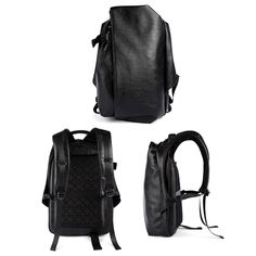 three different views of a black leather backpack