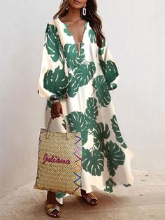 DescriptionGenderWomenSeasonAutumnTypeCausalMaterialPolyesterOccasionDaily lifePatternAs picturePlease Note: All dimensions are measured manually with a deviation of 1 to 3cm Green Causal Dresses, Long Dresses Casual, Long Outfit, Mode Kimono, Mode Turban, Green Leaf Print, Long Dress Design, Mode Boho, Long Dress Casual