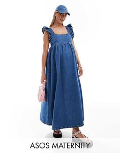 ASOS DESIGN Maternity soft denim smock maxi dress with bow back in midwash blue | ASOS Resort Maternity Wear, Pregnant Winter Outfits, Maternity Looks, Summer Maternity Fashion, Maternity Dresses For Baby Shower, Pregnancy Style, Mango Dress, Maternity Dresses For Photoshoot, Maternity Outfits