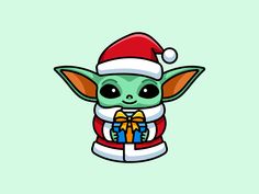 the baby yoda is holding a christmas present