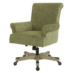 a green office chair with wheels and casteors