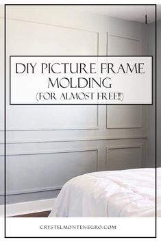 a white bed sitting next to a wall with the words diy picture frame molding for